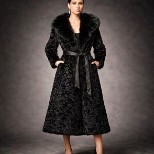Black Mink & Fox Fur Coat Full Length Belted Sheep Leather Trim Women’s Size 4